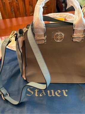 Stauer Women's Taupe and Light Blue Leather Shoulder Bag